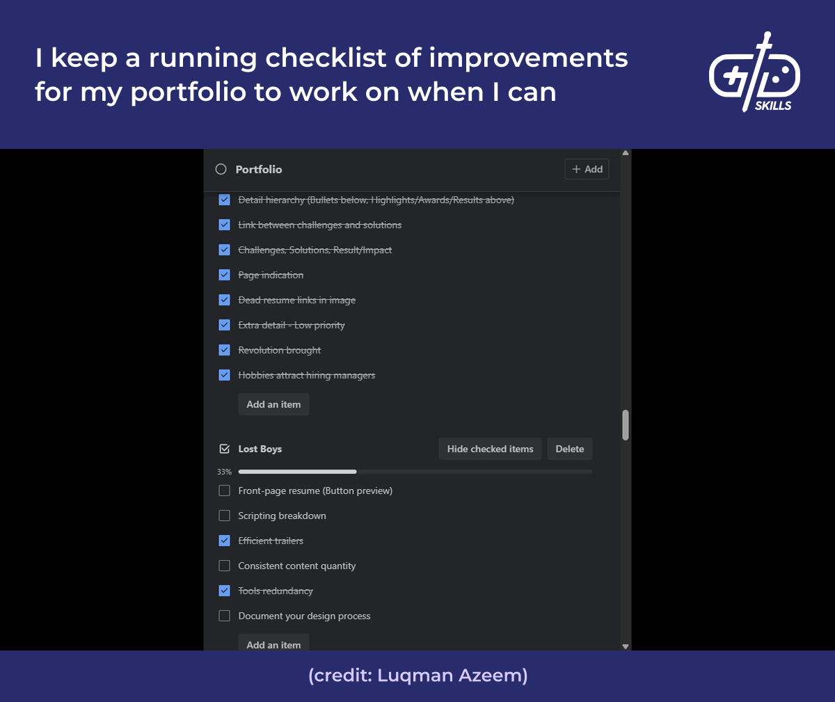 Running checklist of portfolio improvements