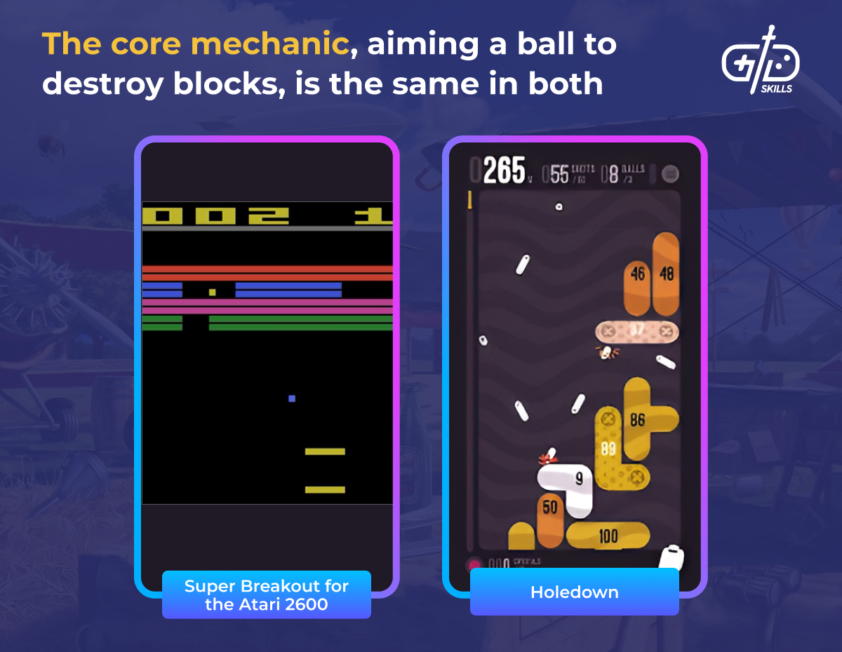 Same core mechanic: aim ball to destroy blocks