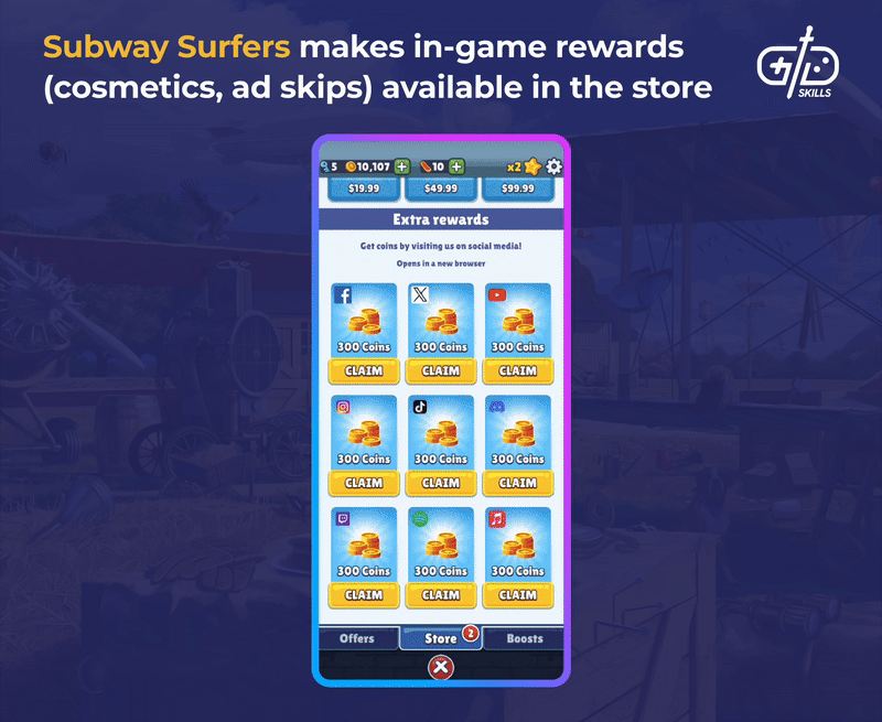 Subway Surfers sells in-game rewards like cosmetics and ad skips in its store
