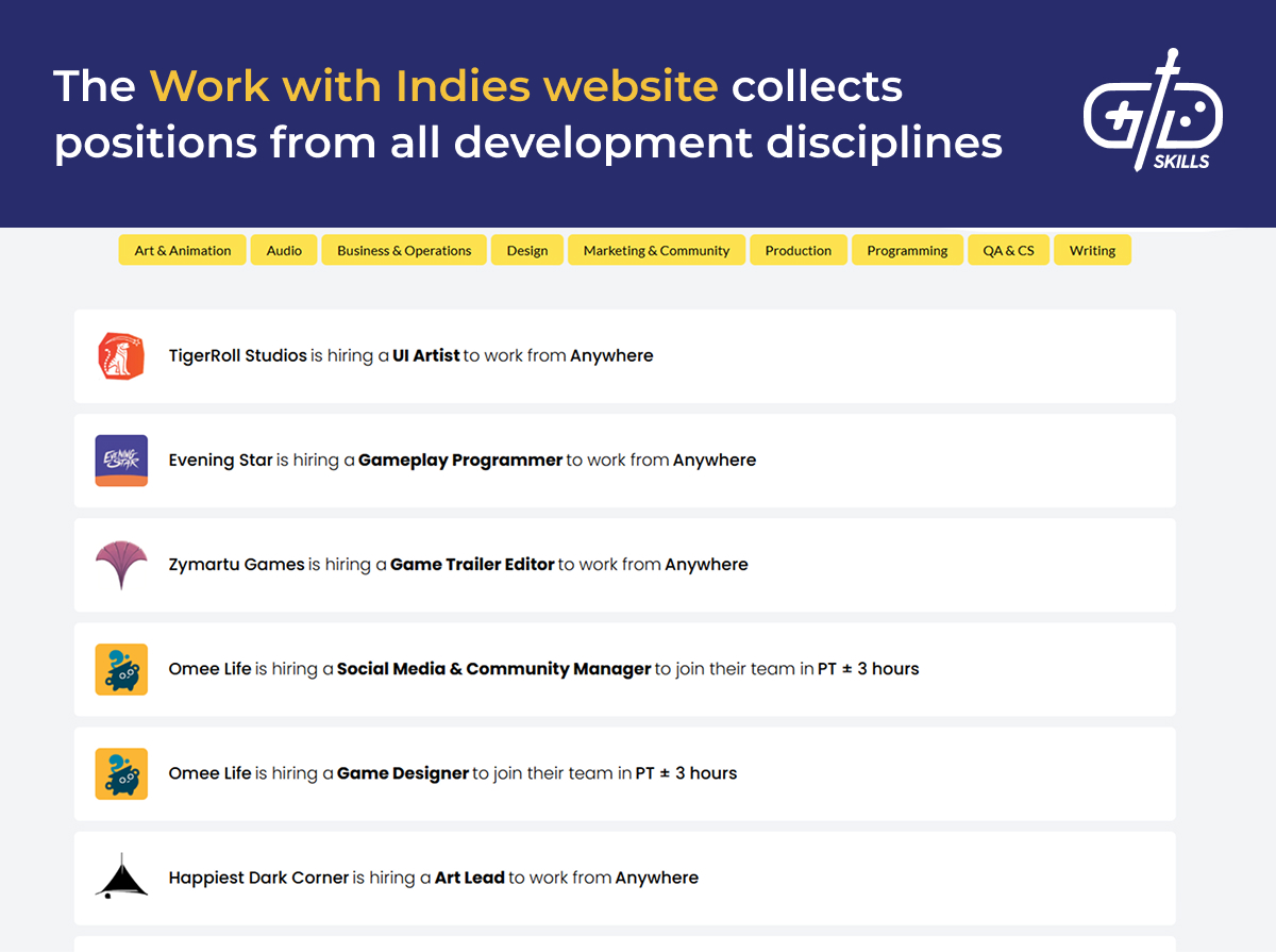 Work with Indies collects positions from all game dev disciplines