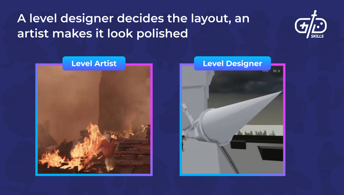 Level designers decide the layout while artists make it look polished