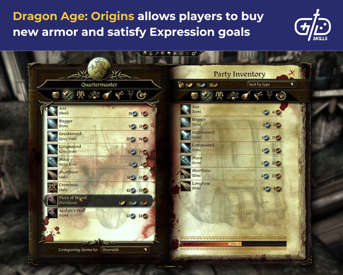 Dragon Age: Origins allows players to buy new armor and satisfy Expression goals