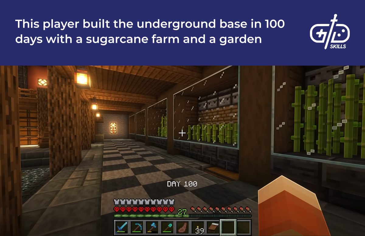 This player built the underground base in 100 days with a sugarcane farm and a garden