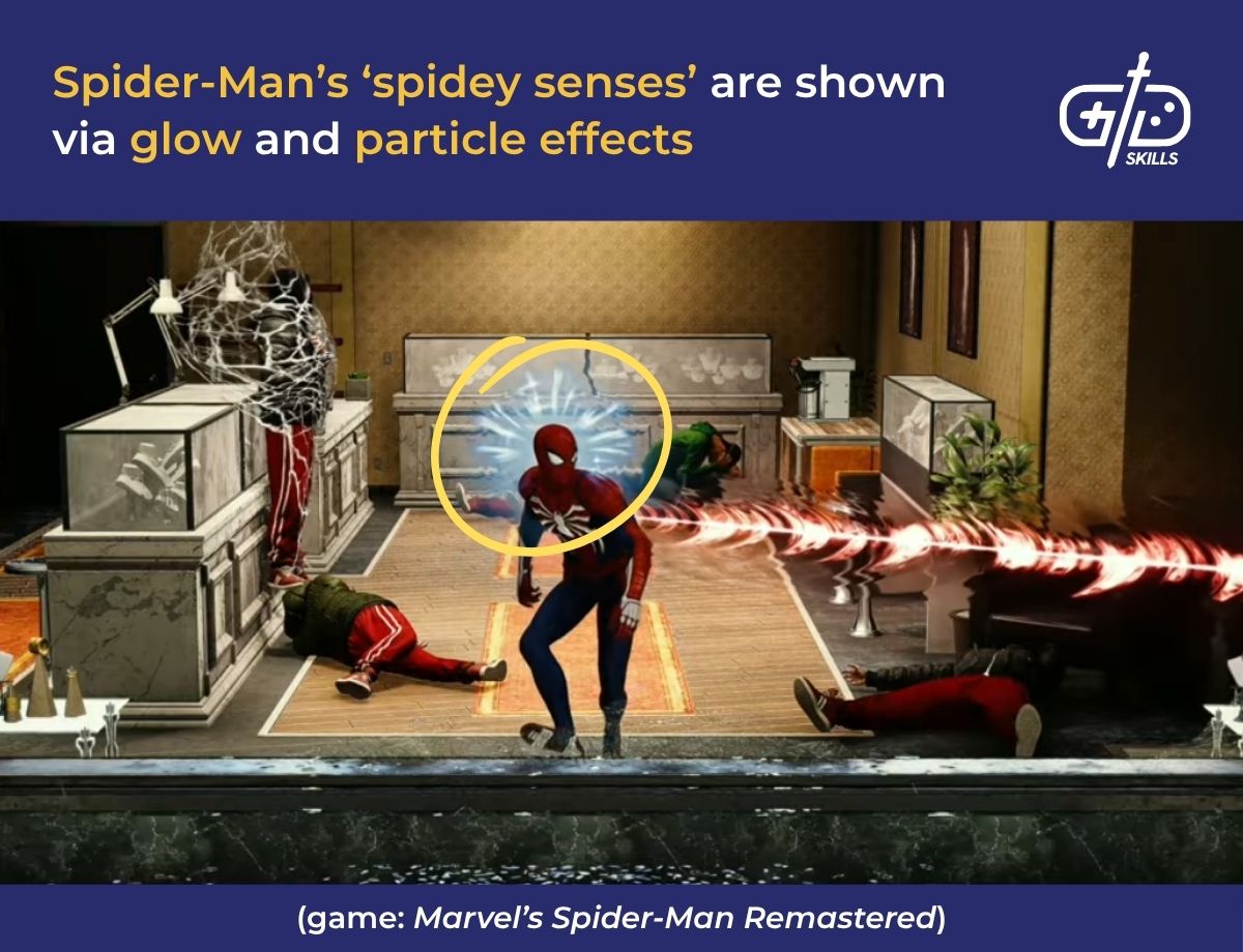 Spider-Man's spidey senses shown via glow and particle effects