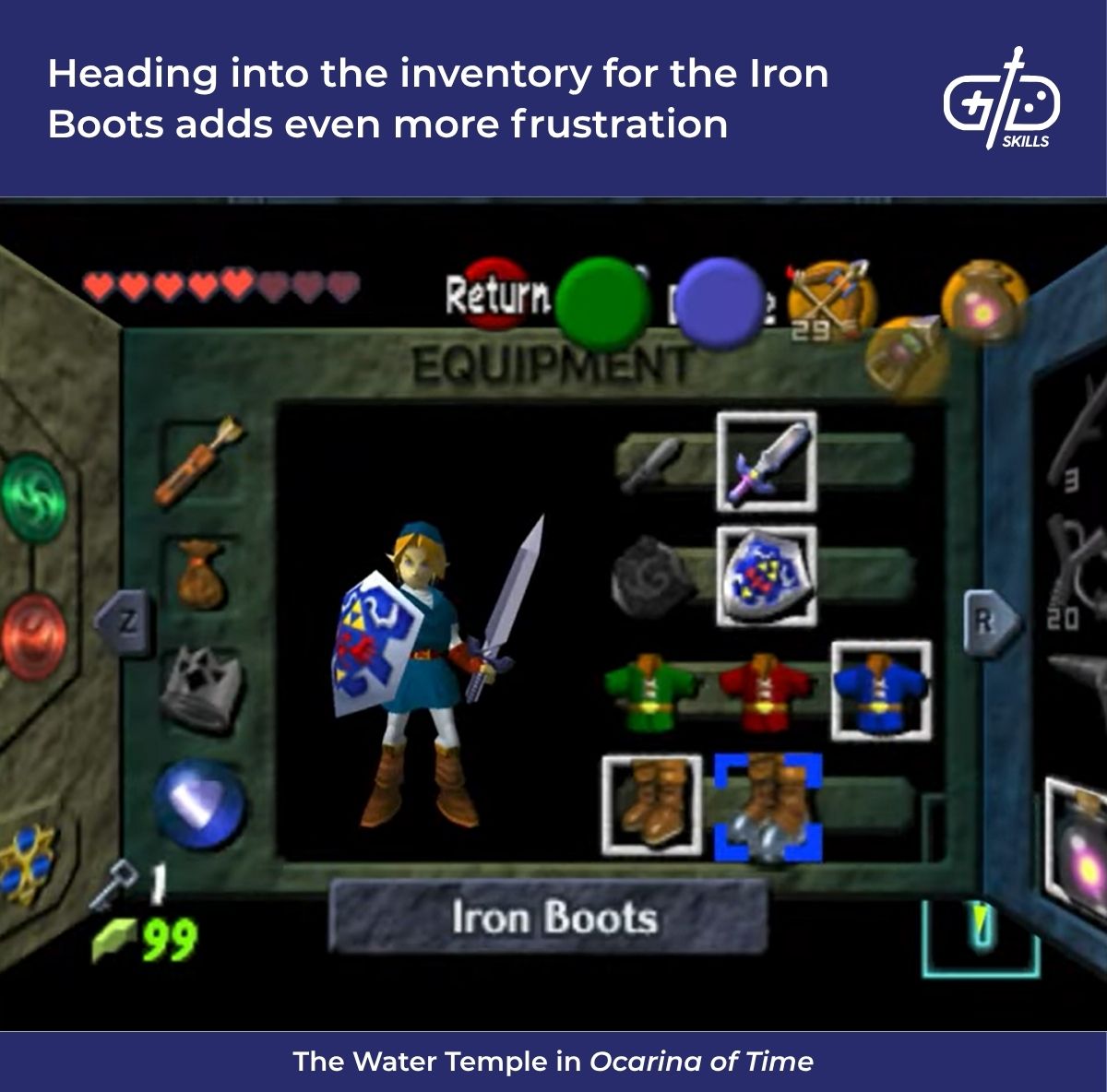 Equipping and unequipping the Iron Boots all through Ocarina of Time's Water Temple adds even more frustration