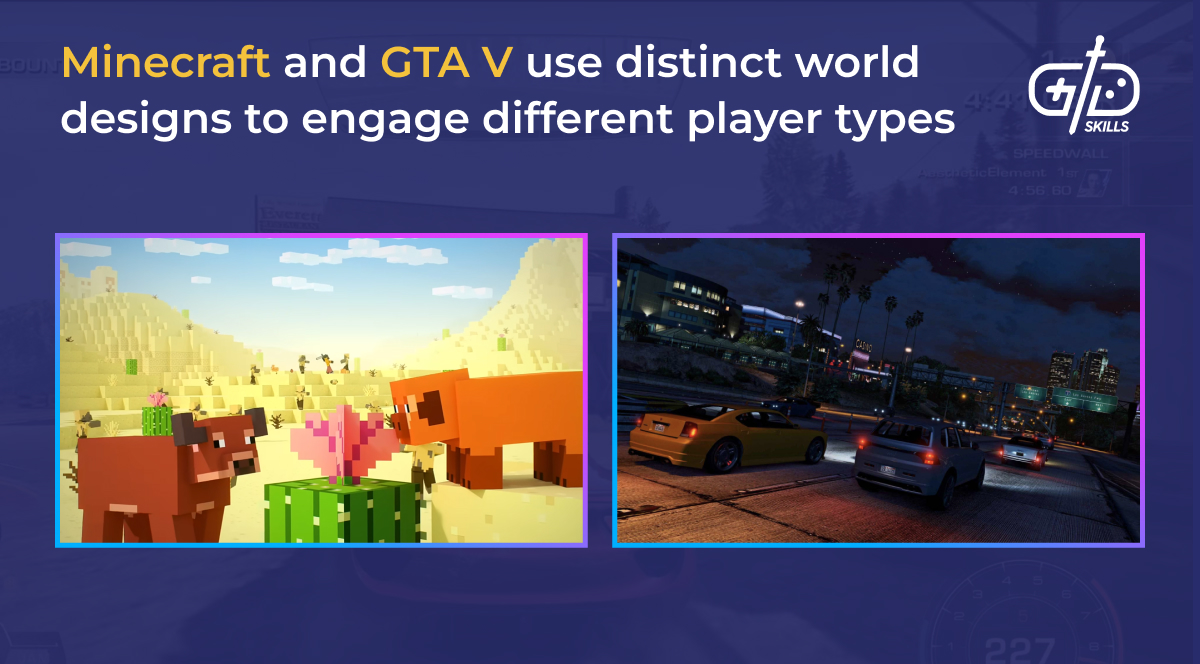 Minecraft and GTA V use distinct world designs to engage different player types