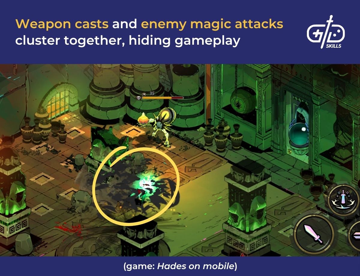 Weapon casts and enemy magic attacks cluster together, hiding gameplay