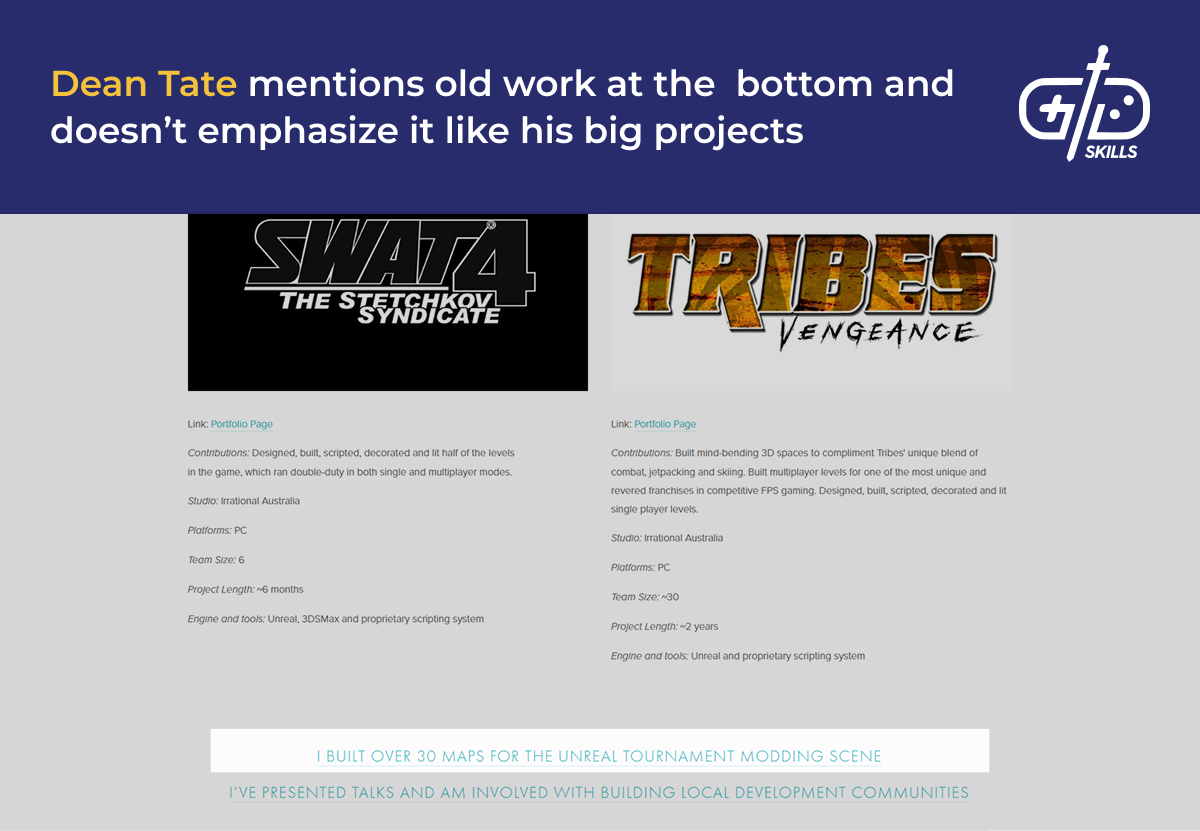 Dean Tate's portfolio mentions old work briefly compared with his big projects