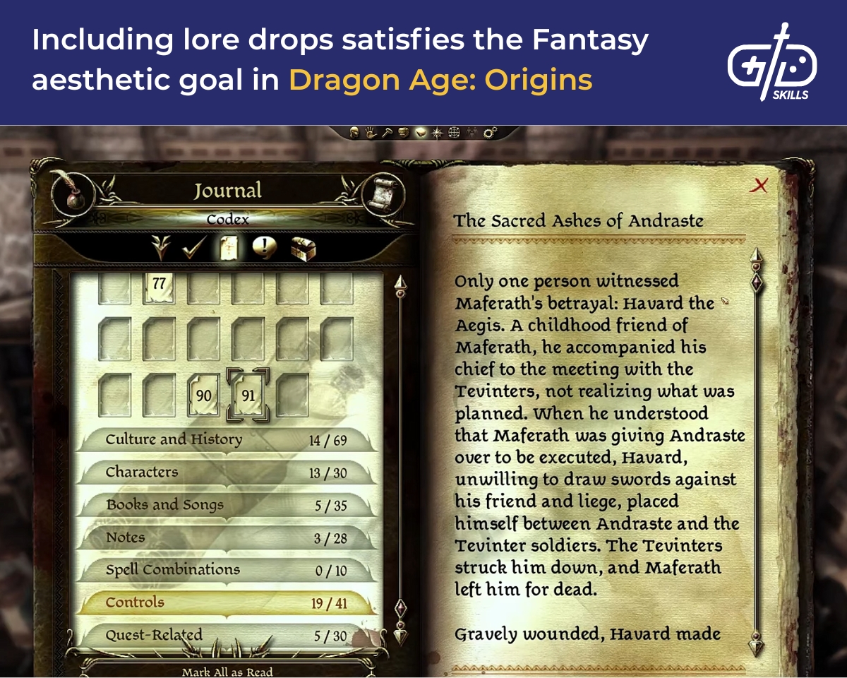 Lore drops satisfy the Fantasy aesthetic goal in Dragon Age: Origins