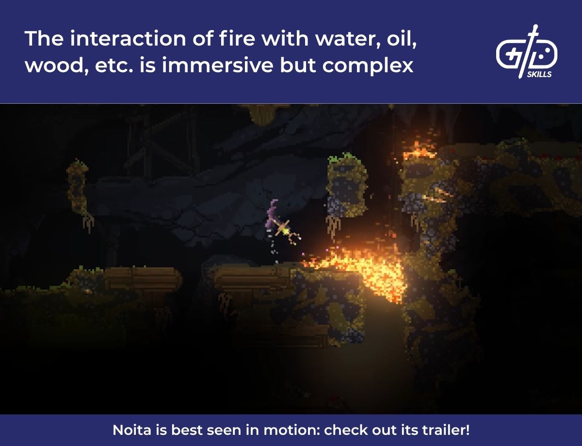 Noita has immersive interactions between fire and water, oil, and wood
