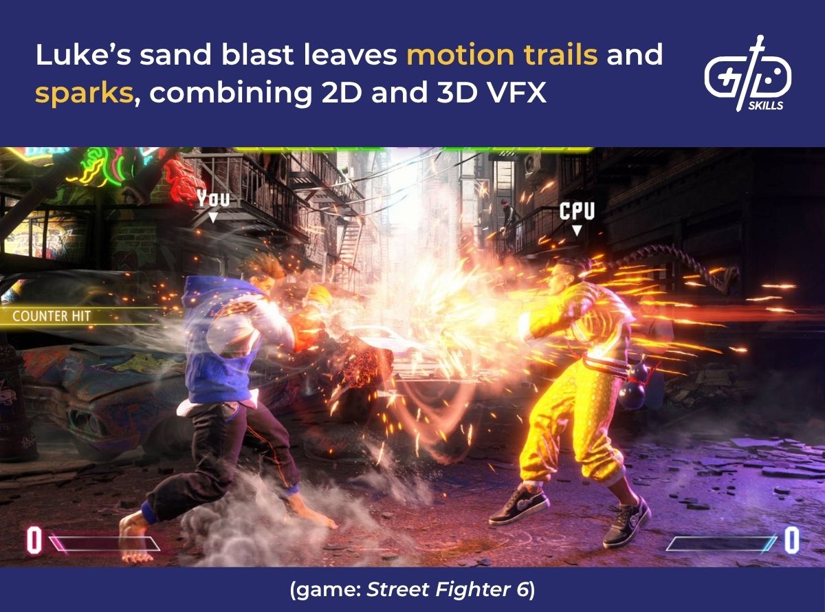 Luke's sand blast leaving motion trails and sparks in Street Fighter 6