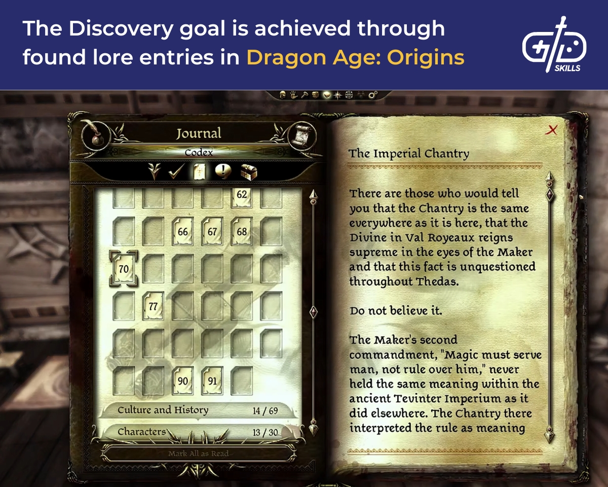 Lore entries achieve the Discovery goal in Dragon Age: Origins