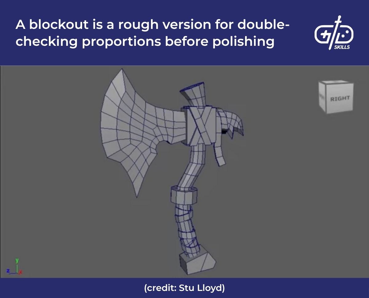 A blockout is a rough version for double-checking proportions before polishing
