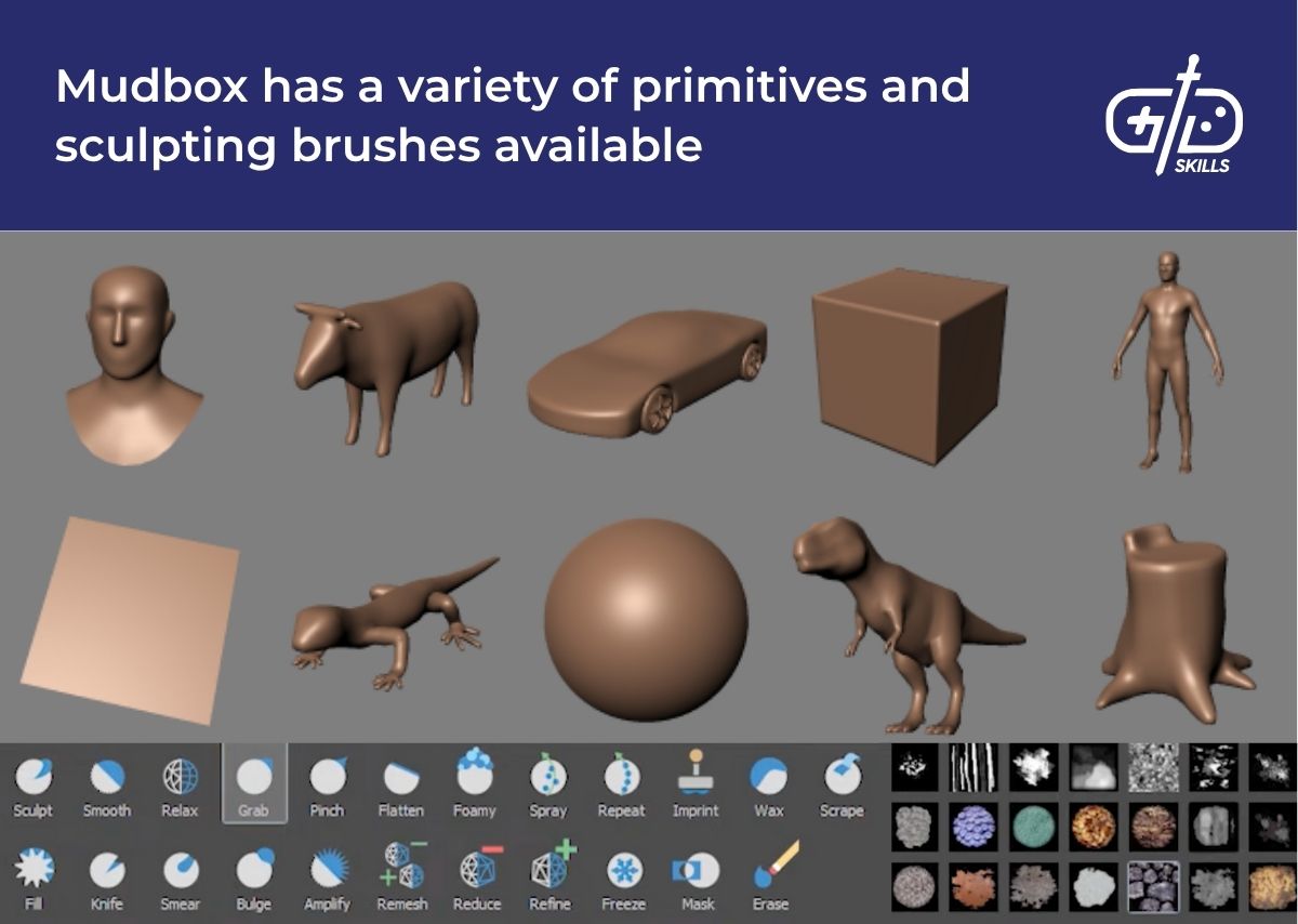 Mudbox has a variety of primitives and sculpting brushes available
