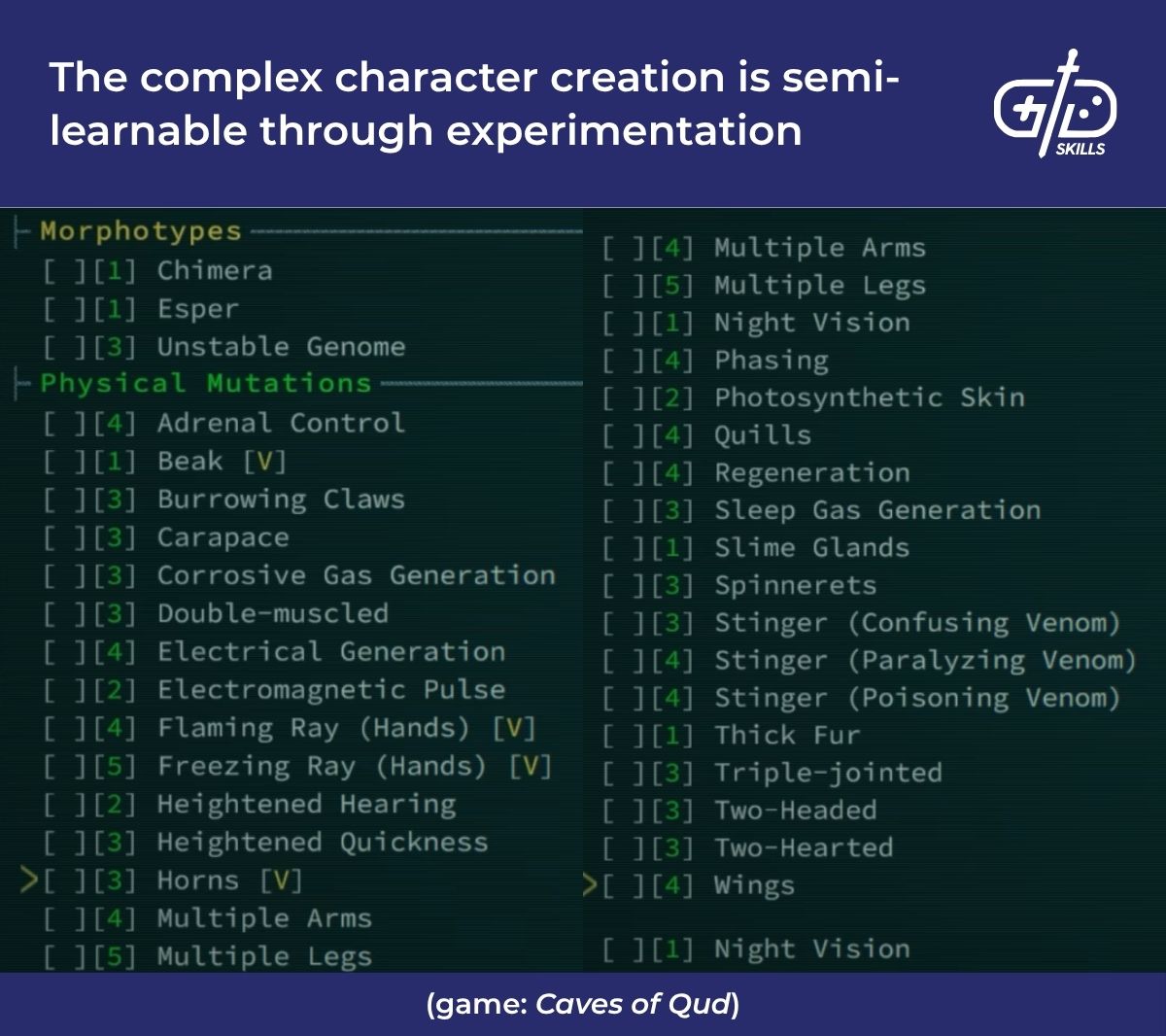 Caves of Qud's complex character creation system