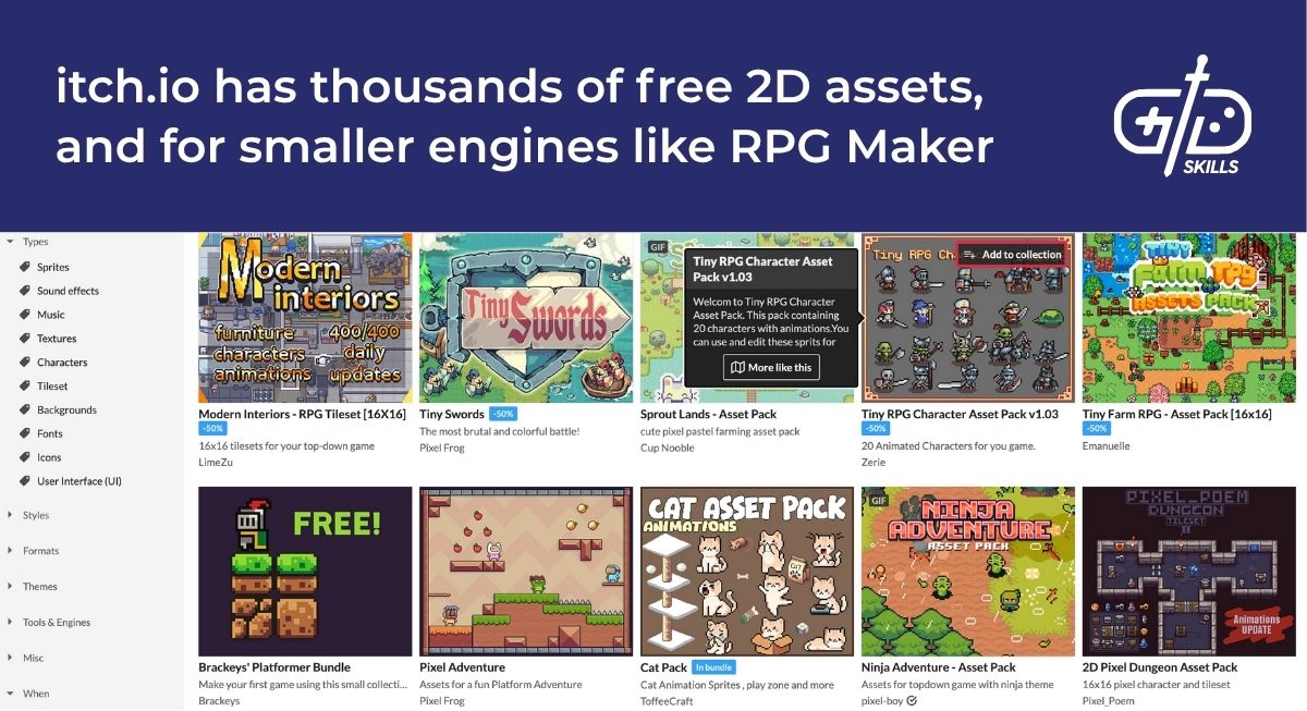 itch.io has thousands of free 2D assets, and for smaller engines like RPG Maker