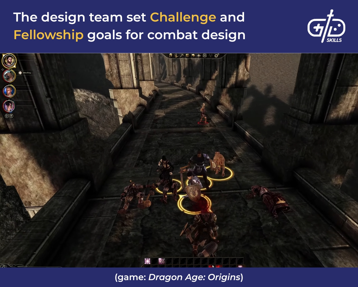 The Dragon Age: Origins design team set Challenge and Fellowship goals for combat design