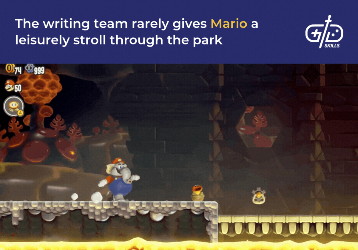 The writing team rarely gives Mario a leisurely stroll through the park