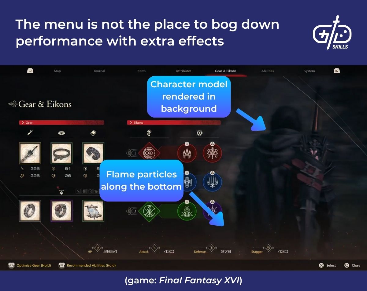 FFXVI's menu bogs down performance with flame effects and the background character model