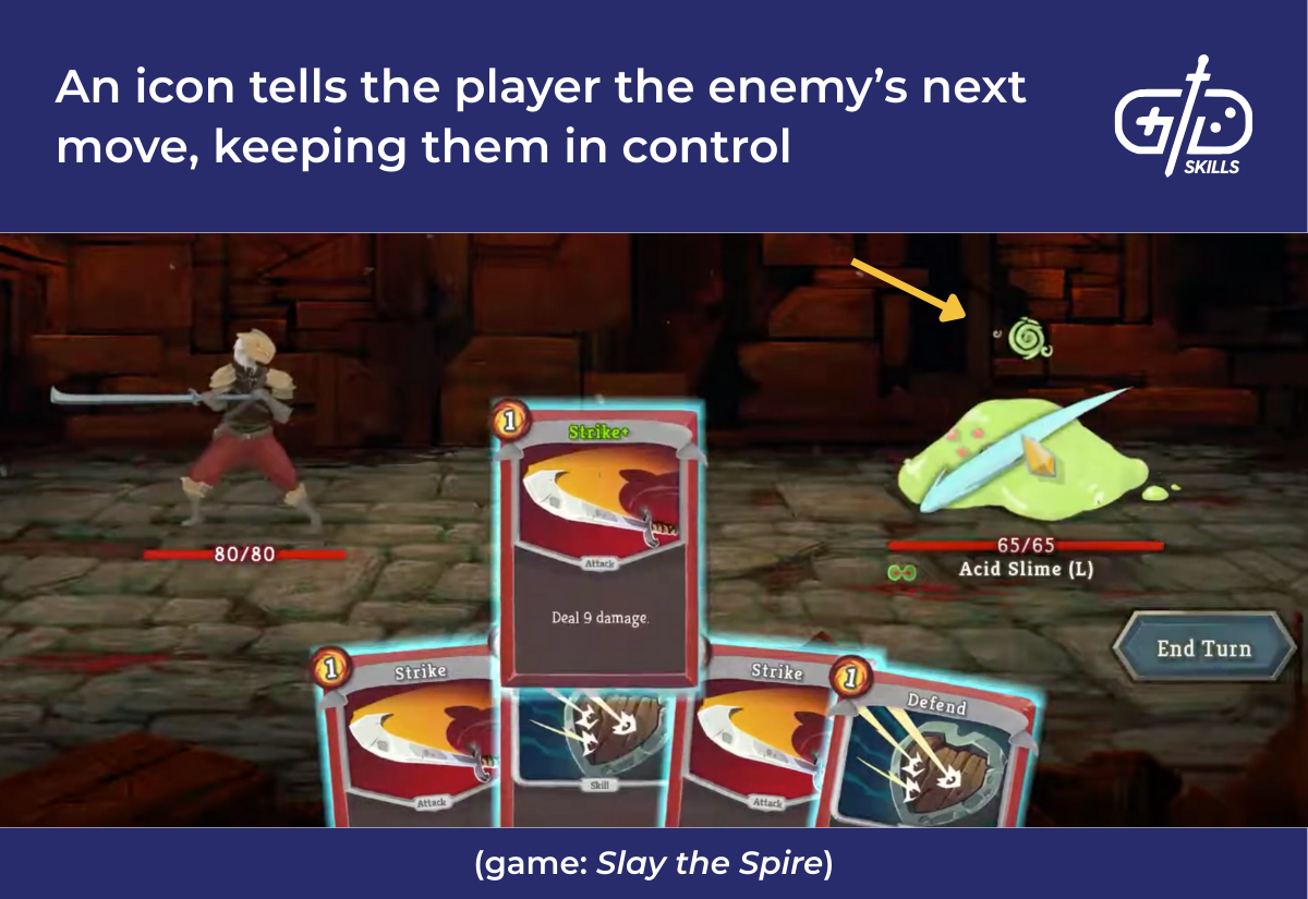 An icon in Slay the Spire tells the player the enemy’s next move, keeping them in control