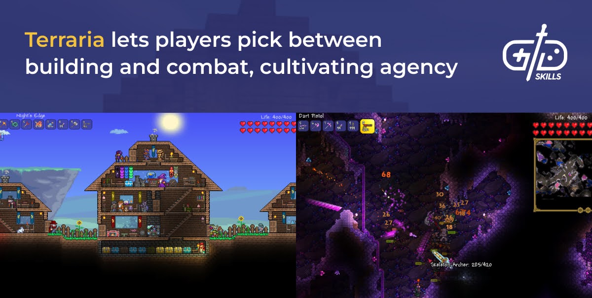 Terraria lets players pick between building and combat, cultivating agency