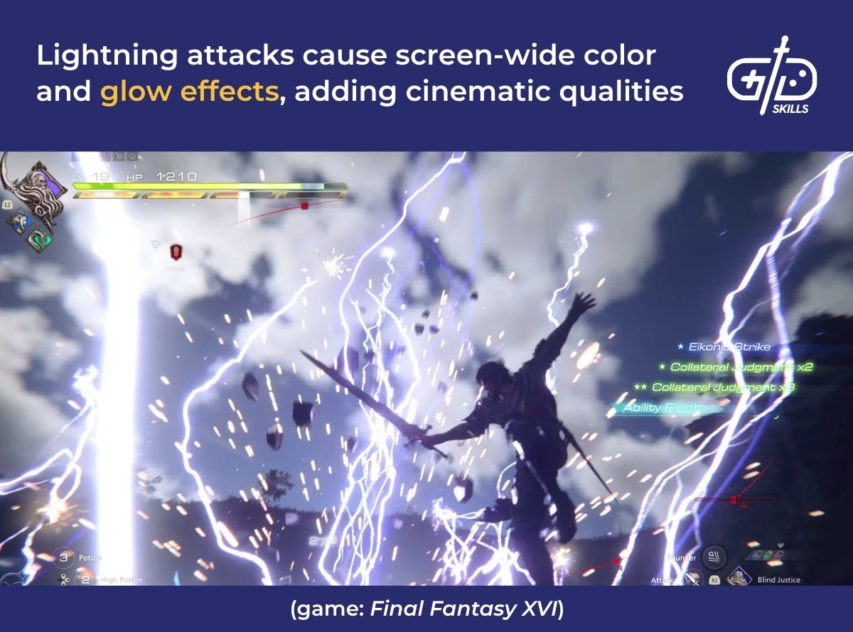 Lightning attacks in FFXVI cause screen-wide color and glow effects, adding cinematic qualities