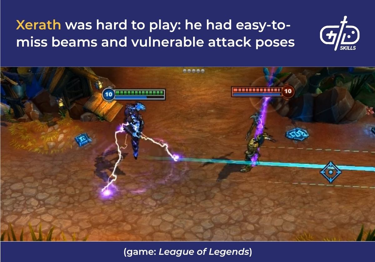 Xerath was hard to play: he had easy-to-miss beams and vulnerable attack poses