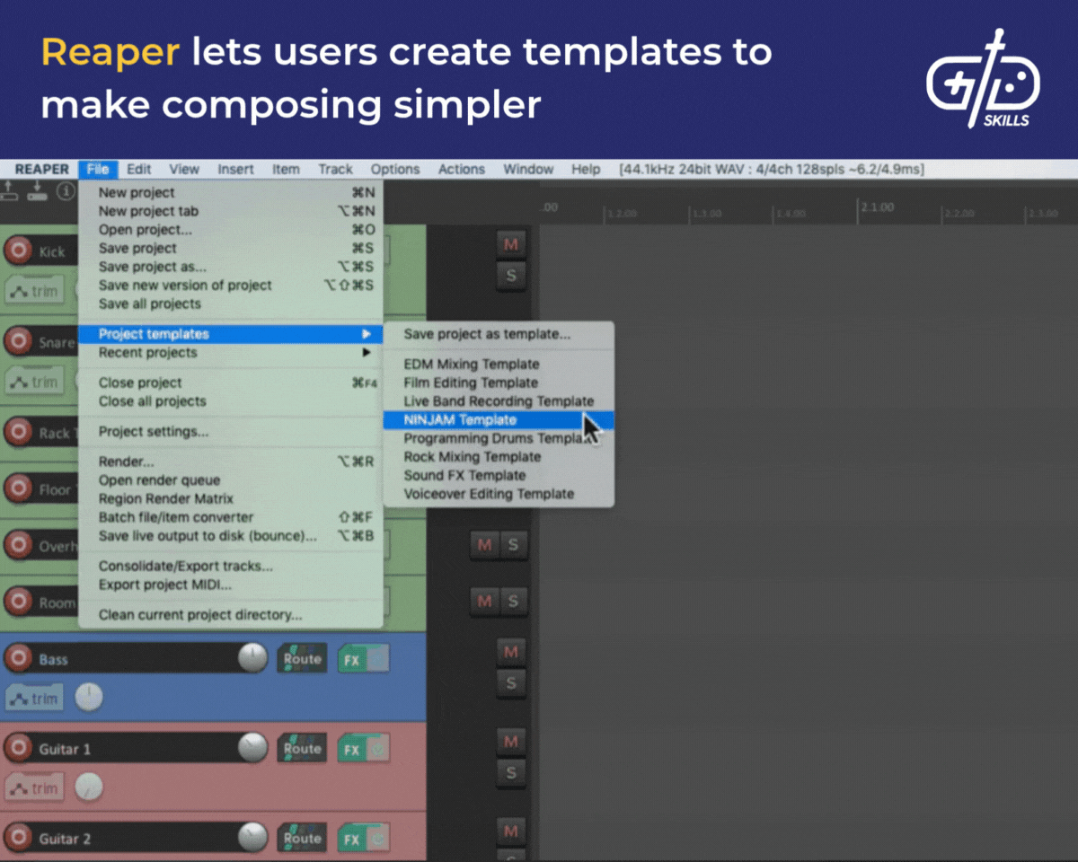 Reaper lets users create templates to make composing simpler