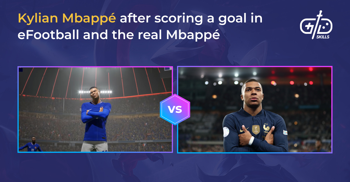 Kylian Mbappé after scoring a goal in eFootball and the real Mbappé