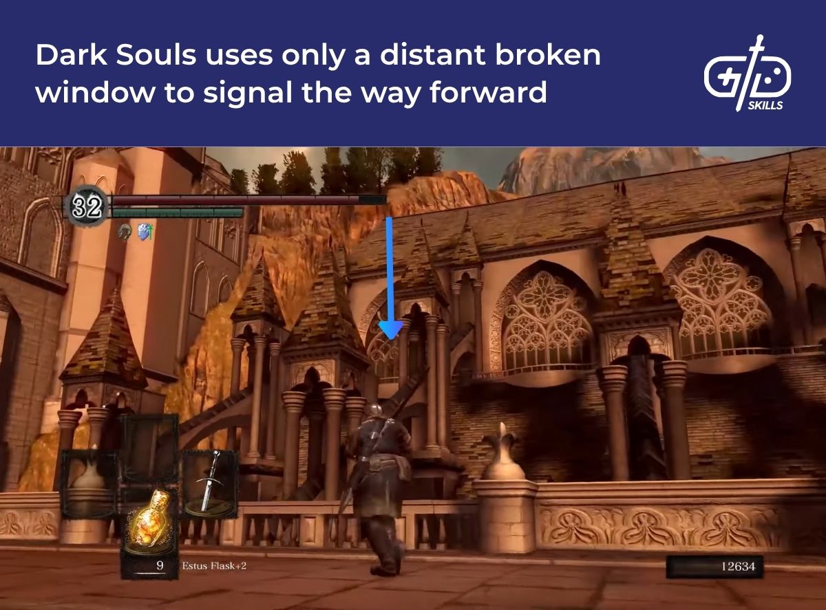 Dark Souls uses only a distant broken window to signal the way forward