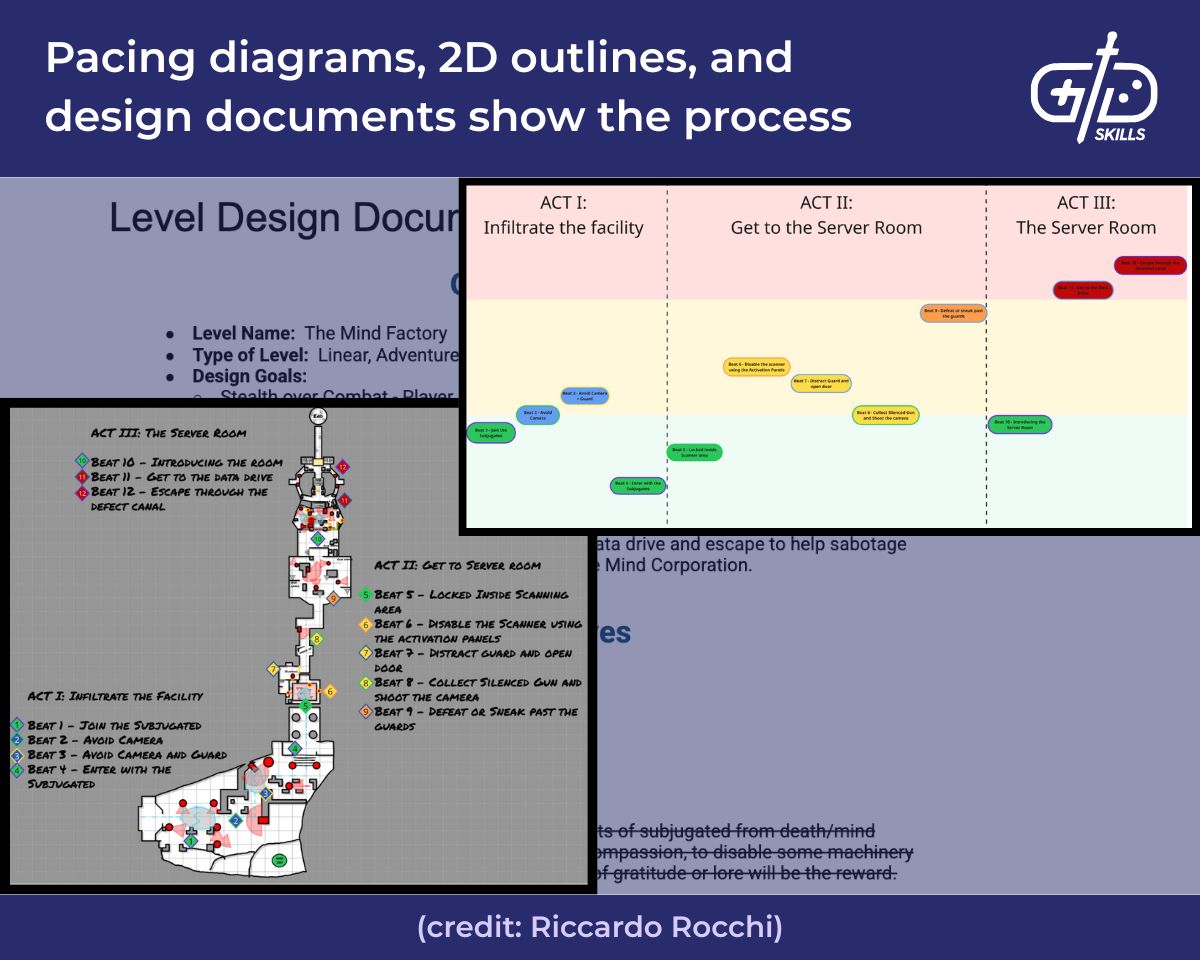 Pacing diagrams, 2D outlines, and design documents show the process