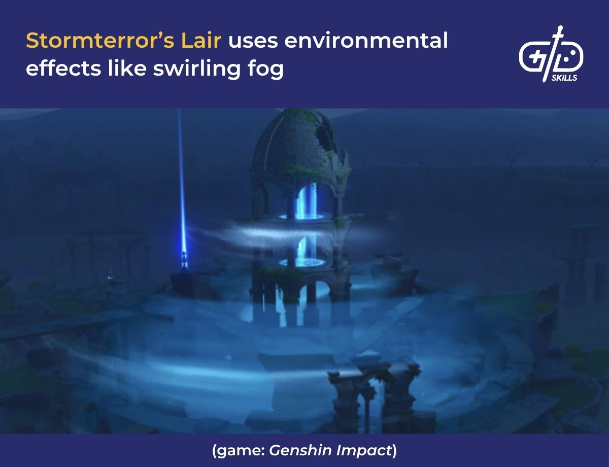 Stormterror's Lair uses environmental effects like swirling fog