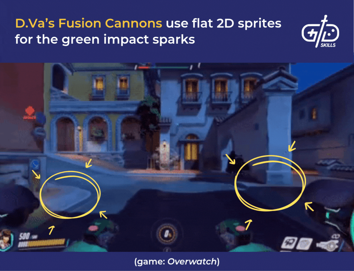 D.Va's Fusion Cannons use flat 2D sprites