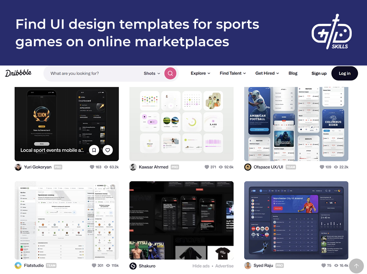 Find UI design templates for sports games on marketplaces like Dribble