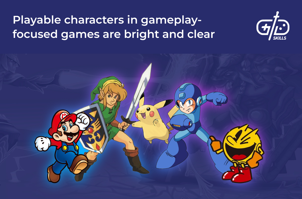 Playable characters in gameplay-focused games are bright and clear