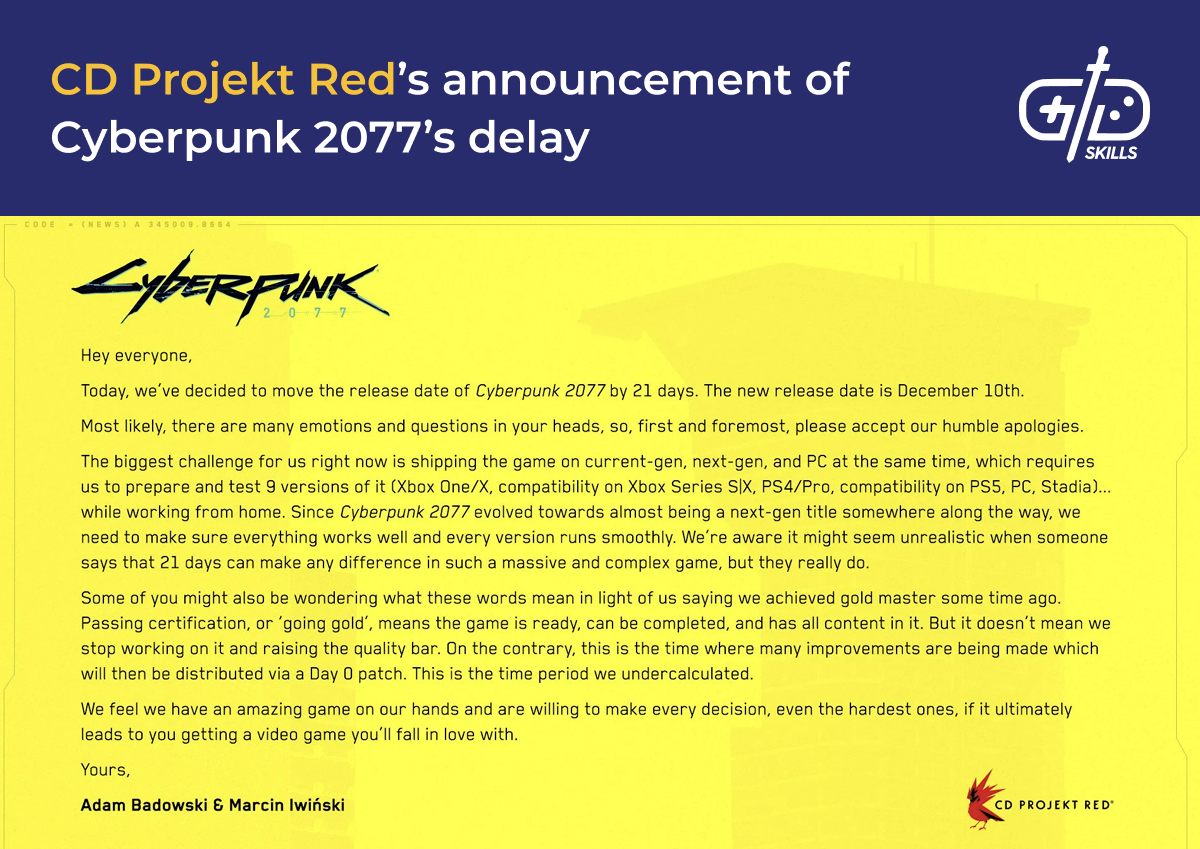 Cyberpunk 2077's delay announcement