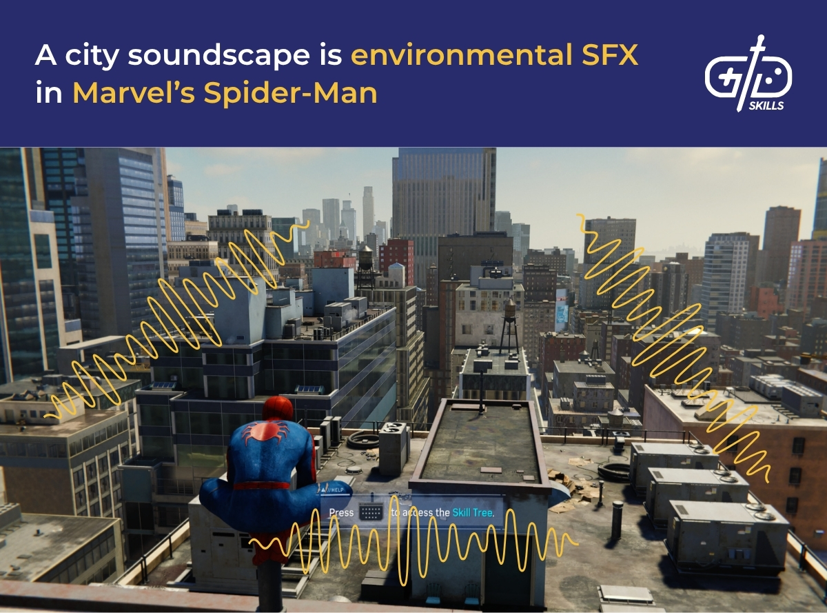 A city soundscape is environmental SFX in Marvel's Spider-Man