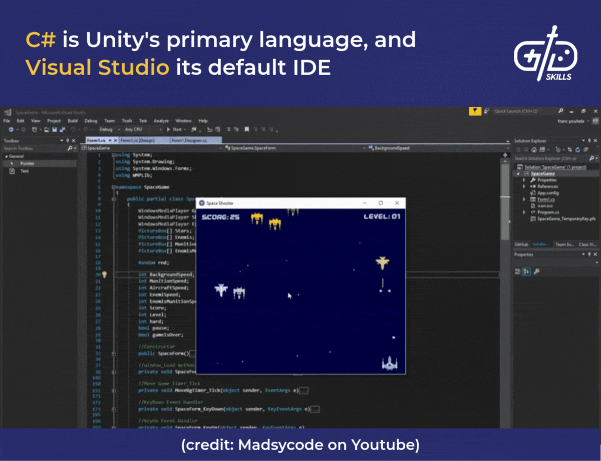 C# is Unity's primary language, and Visual Studio its default IDE