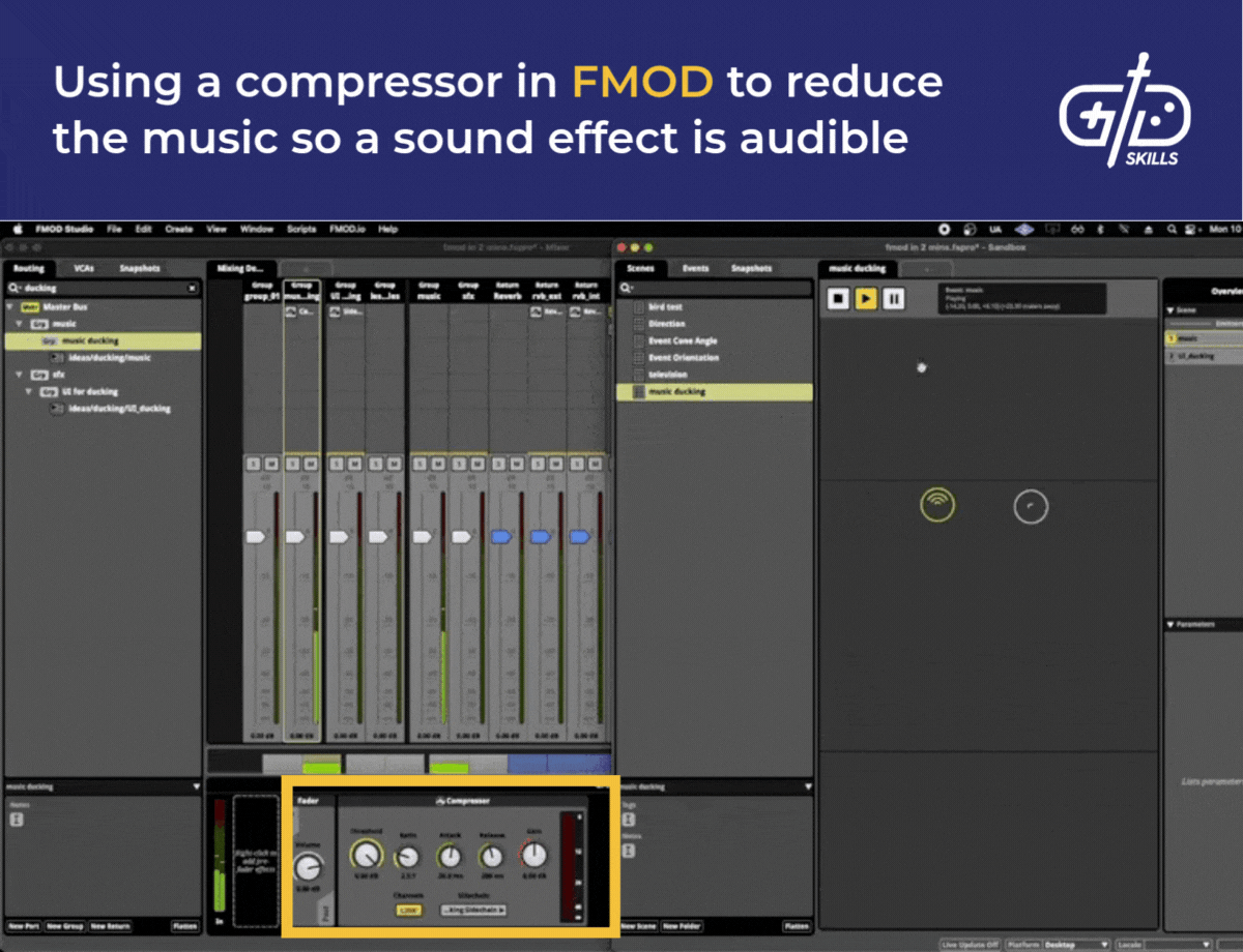 Using a compressor in FMOD to reduce the music so a sound effect is audible