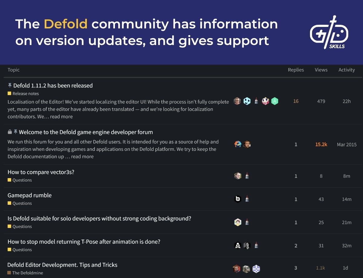 The Defold community has information on version updates, and gives support