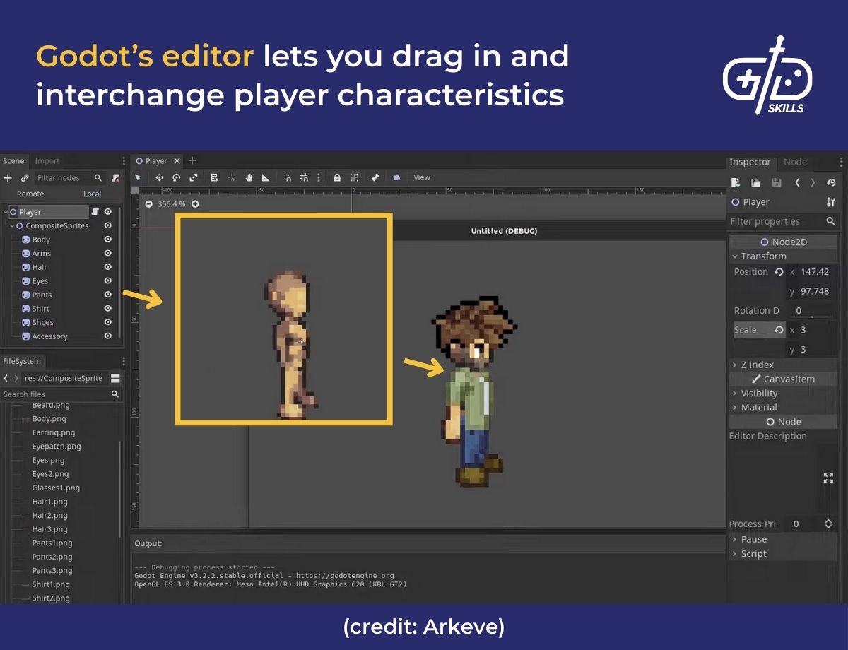 Godot's editor lets you drag in and interchange player characteristics