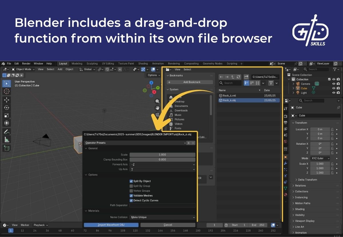 Blender includes a drag-and-drop function from within its own file browser