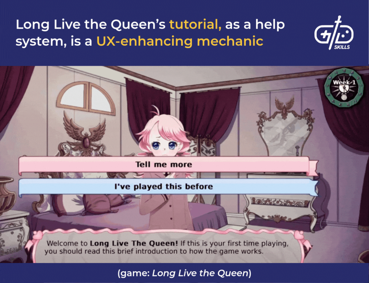 Long Live the Queen's tutorial, as a help system, is a UX-enhancing mechanic