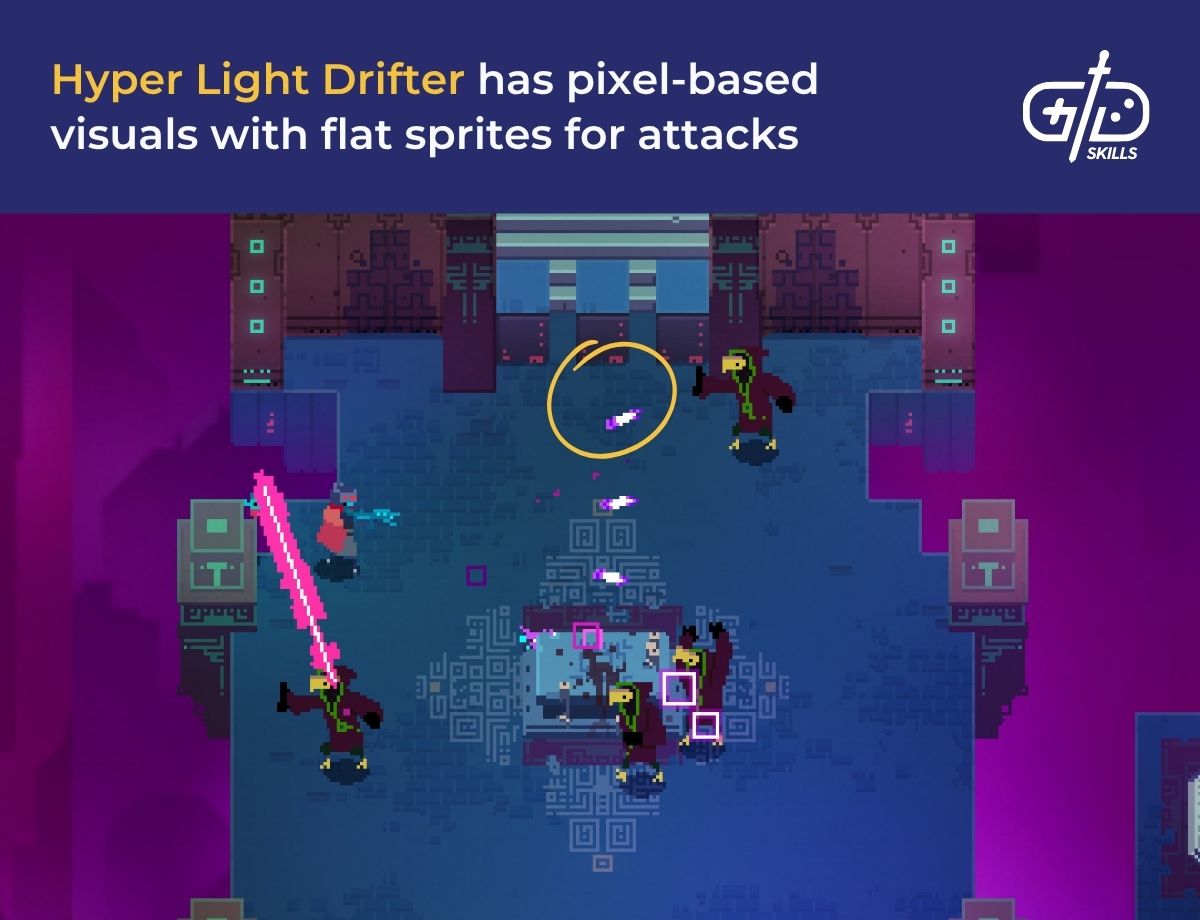 Hyper Light Drifter has pixel-based visuals with flat sprites for attacks