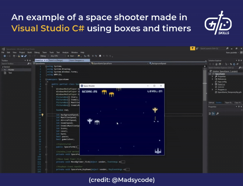 An example of a space shooter made in Visual Studio C# using boxes and timers