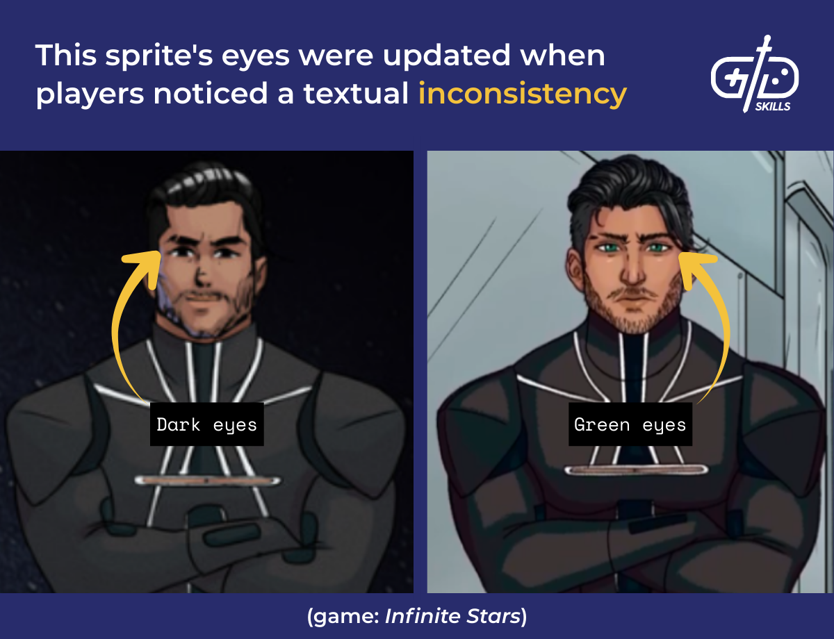 The sprite's eyes were updated in Infinite Stars when players noticed a textual inconsistency