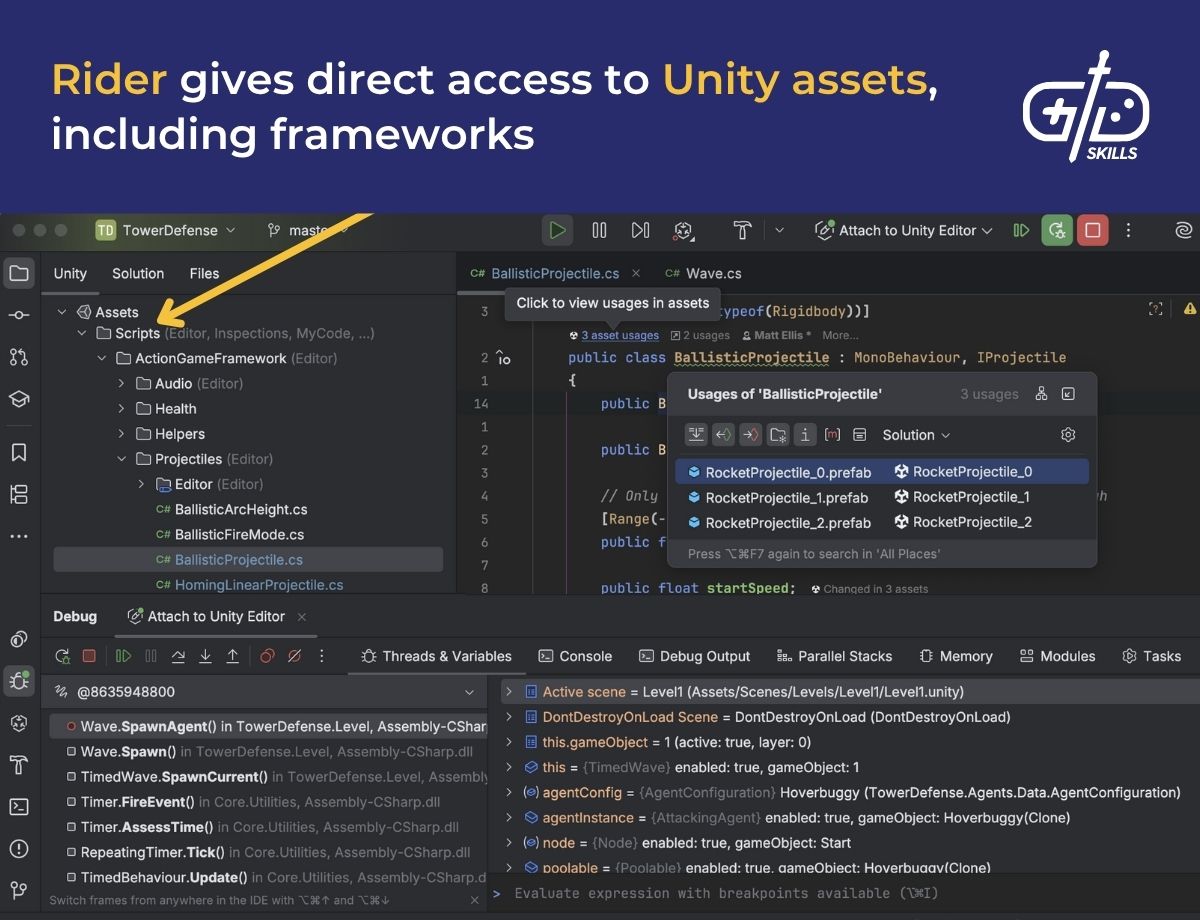 JetBrains Rider gives direct access to Unity assets, including frameworks