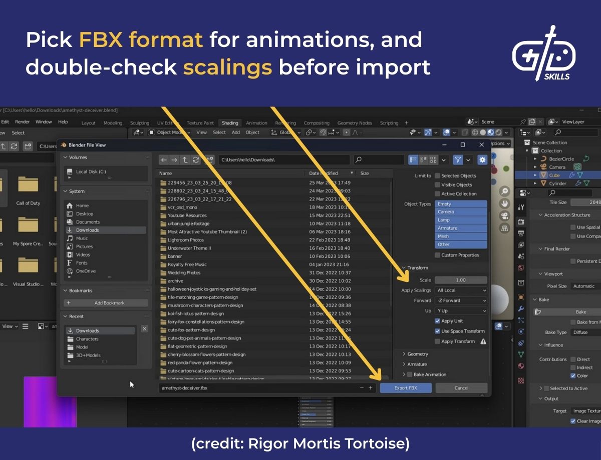 Pick FBX format for animations, and double-check scalings before import