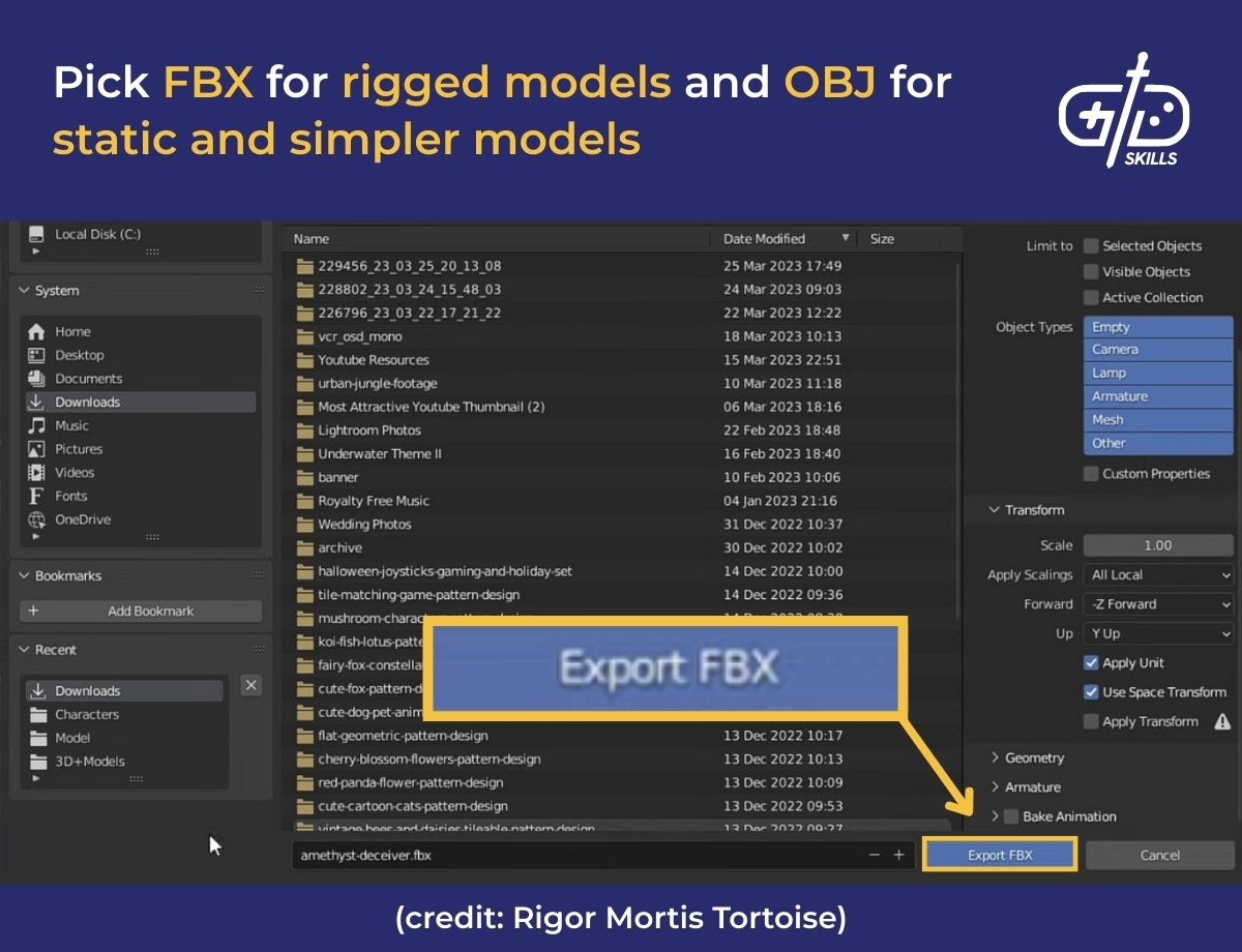 Pick FBX for rigged models and OBJ for static and simpler models
