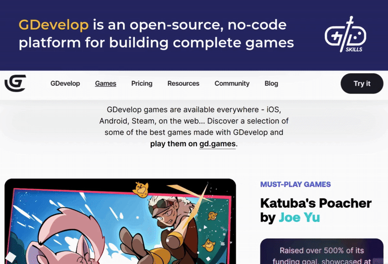 GDevelop is an open-source, no-code platform for building complete games